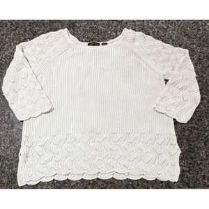 Jeanne Pierre White 100% Cotton Knit Sweater Scalloped Hem Pointelle Womens L